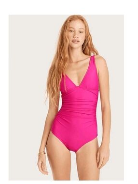 J. Crew Neon Pink Deep V Neck Ruched One Piece Women's Swimsuit small